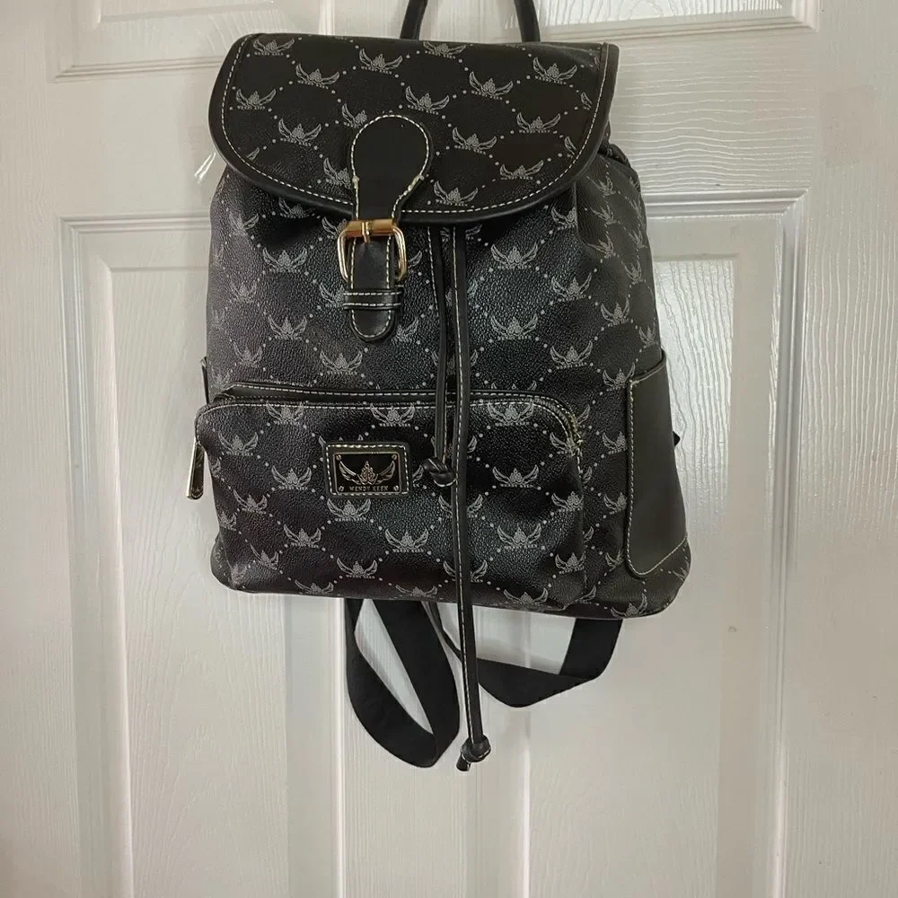Wendy Keen Synthetic black and gray logo Backpack drawstring top closure.